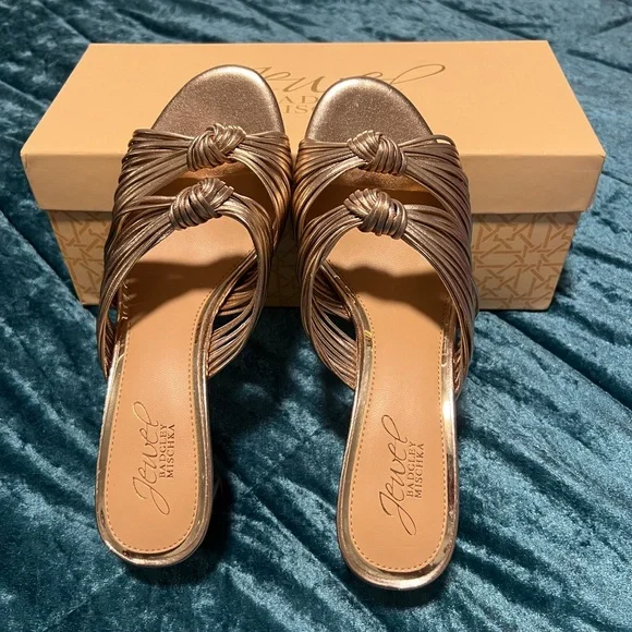 JEWEL BAGDLEY MISCHKA  women gold block heel sandals/size 6.5 - Picture 2 of 13